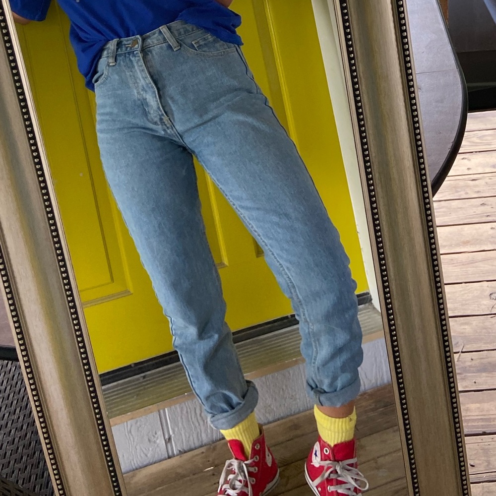 high waisted blue jeans